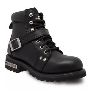 Ride Tecs Mens Black Leather Motorcycle Boots Lace Up Side Zip Lug Sole size 6